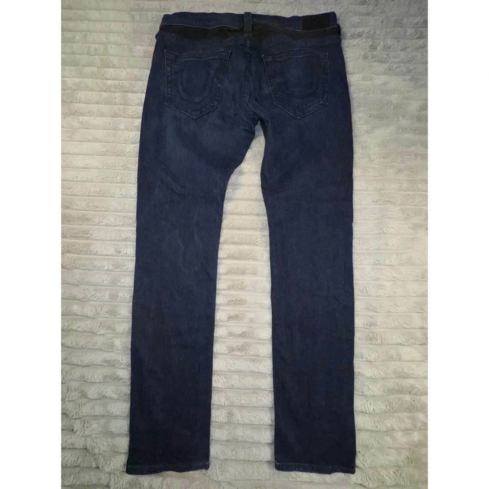 True Religion Mens 38 Rocco Classic Slim Moto Jeans Blue Black Ribbed‎ 36x33